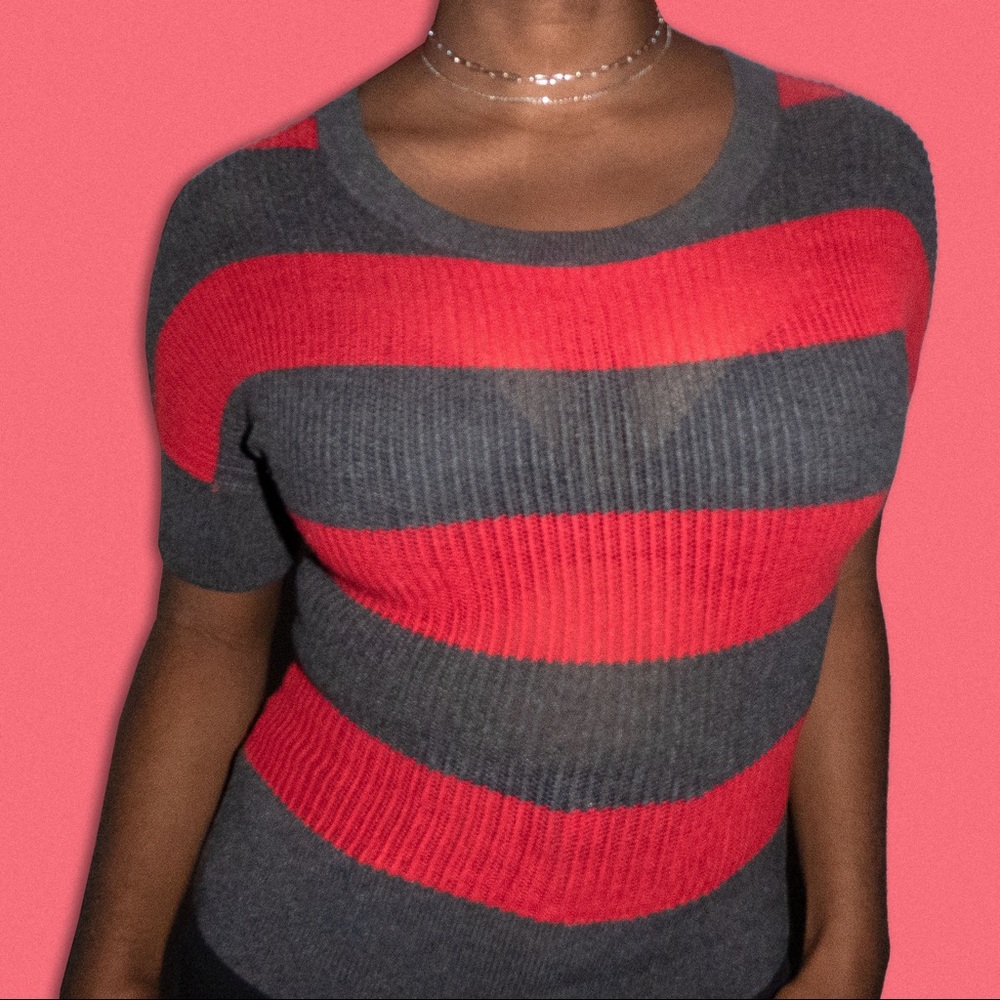 Takeout Red Grey Striped Knit Top